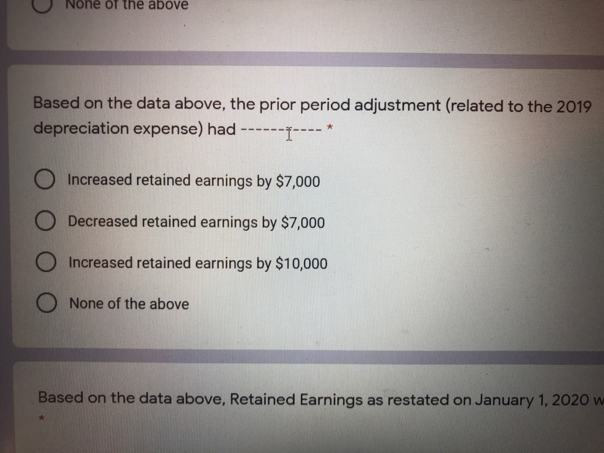 None of the above
Based on the data above, the prior period adjustment (related to the 2019
depreciation expense) had ---------*
O Increased retained earnings by $7,000
O Decreased retained earnings by $7,000
O Increased retained earnings by $10,000
O None of the above
Based on the data above, Retained Earnings as restated on January 1, 2020 w
*-
