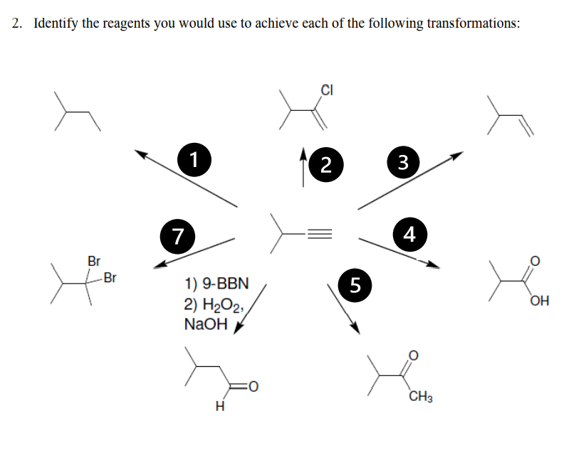 2. Identify the reagents you would use to achieve each of the following transformations:
CI
1
2
3
7
4
Br
Br
1) 9-BBN
2) H2O2,
NaOH
5
ОН
CH3
H
