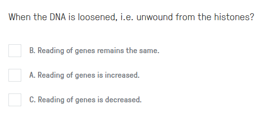 When the DNA is loosened, i.e. unwound from the histones?
B. Reading of genes remains the same.
A. Reading of genes is increased.
C. Reading of genes is decreased.
