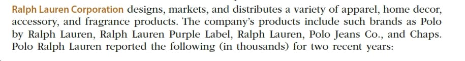 Ralph Lauren Corporation designs, markets, and distributes a variety of apparel, home decor,
accessory, and fragrance products. The company's products include such brands as Polo
by Ralph Lauren, Ralph Lauren Purple Label, Ralph Lauren, Polo Jeans Co., and Chaps.
Polo Ralph Lauren reported the following (in thousands) for two recent years:
