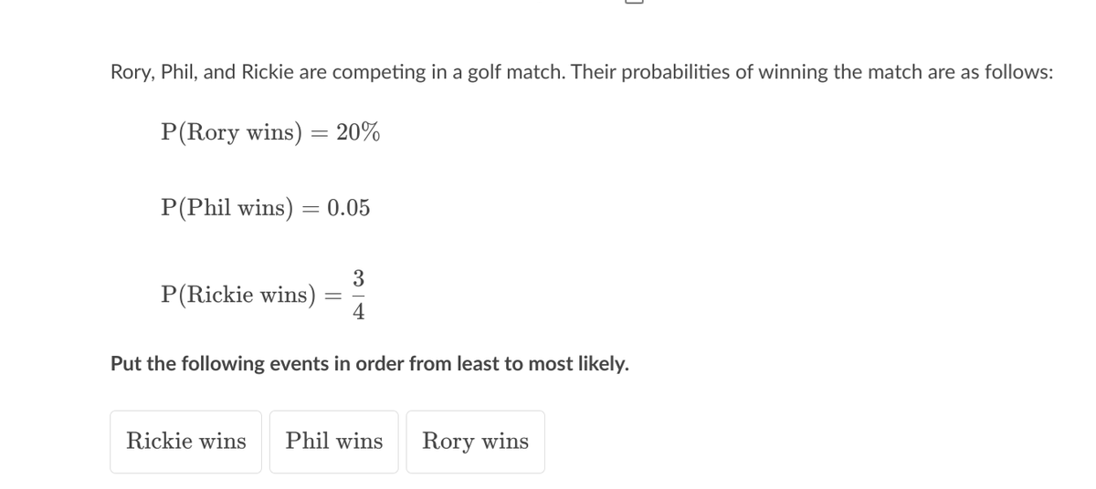 Rory, Phil, and Rickie are competing in a golf match. Their probabilities of winning the match are as follows:
P(Rory wins) = 20%
P(Phil wins)
0.05
3
P(Rickie wins)
Put the following events in order from least to most likely.
Rickie wins
Phil wins
Rory wins
