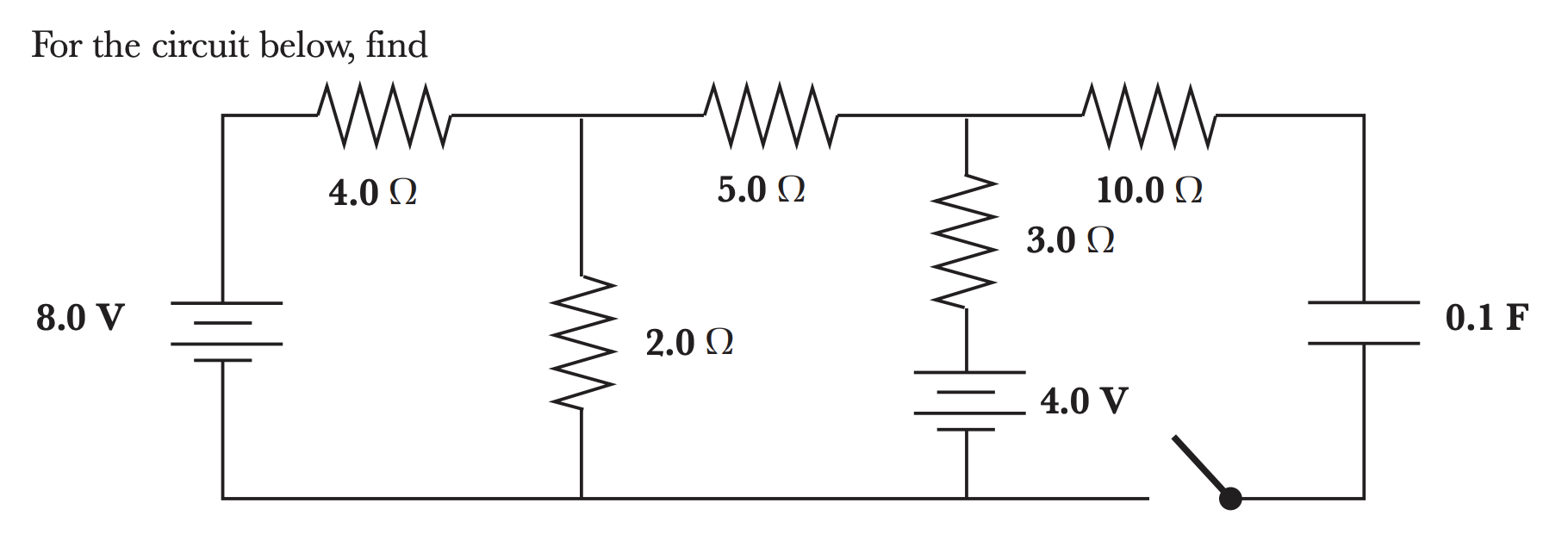 For the circuit below, find
WW
ww
4.0 Q
5.0 Q
10.0 Q
3.0 Q
8.0 V
0.1 F
2.0 Q
4.0 V
