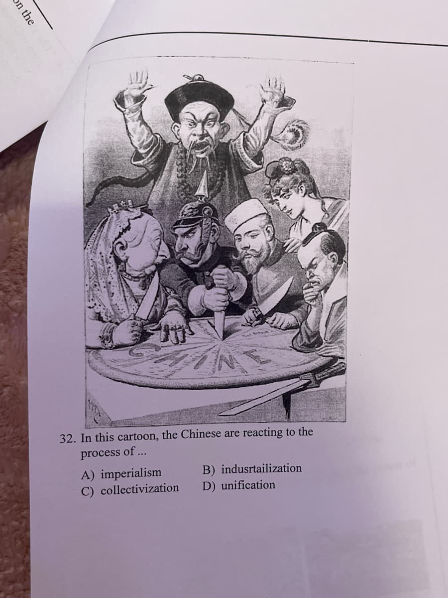 32. In this cartoon, the Chinese are reacting to the
process
s of ...
A) imperialism
C) collectivization
B) indusrtailization
D) unification
on the
