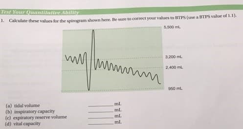 Calculate these values for the spirogram shown here. Be sure to correct your values to BTPS (use a BTPS value of 1.1).
5.500 ml
3.200 ml
mi
2,400 ml
950 ml.
ml
a) tidal volume
b) inspiratory capacity
) expiratory reserve volume
d) vital capacity
ml
ml
