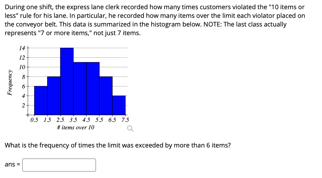 During one shift, the express lane clerk recorded how many times customers violated the "10 items or
less" rule for his lane. In particular, he recorded how many items over the limit each violator placed on
the conveyor belt. This data is summarized in the histogram below. NOTE: The last class actually
represents "7 or more items," not just 7 items.
14+
12
10-
8-
6
4
0.5 15 2.5 3.5 4.5 5.5 6.5 7.5
# items over 10
What is the frequency of times the limit was exceeded by more than 6 items?
ans =
Frequency
