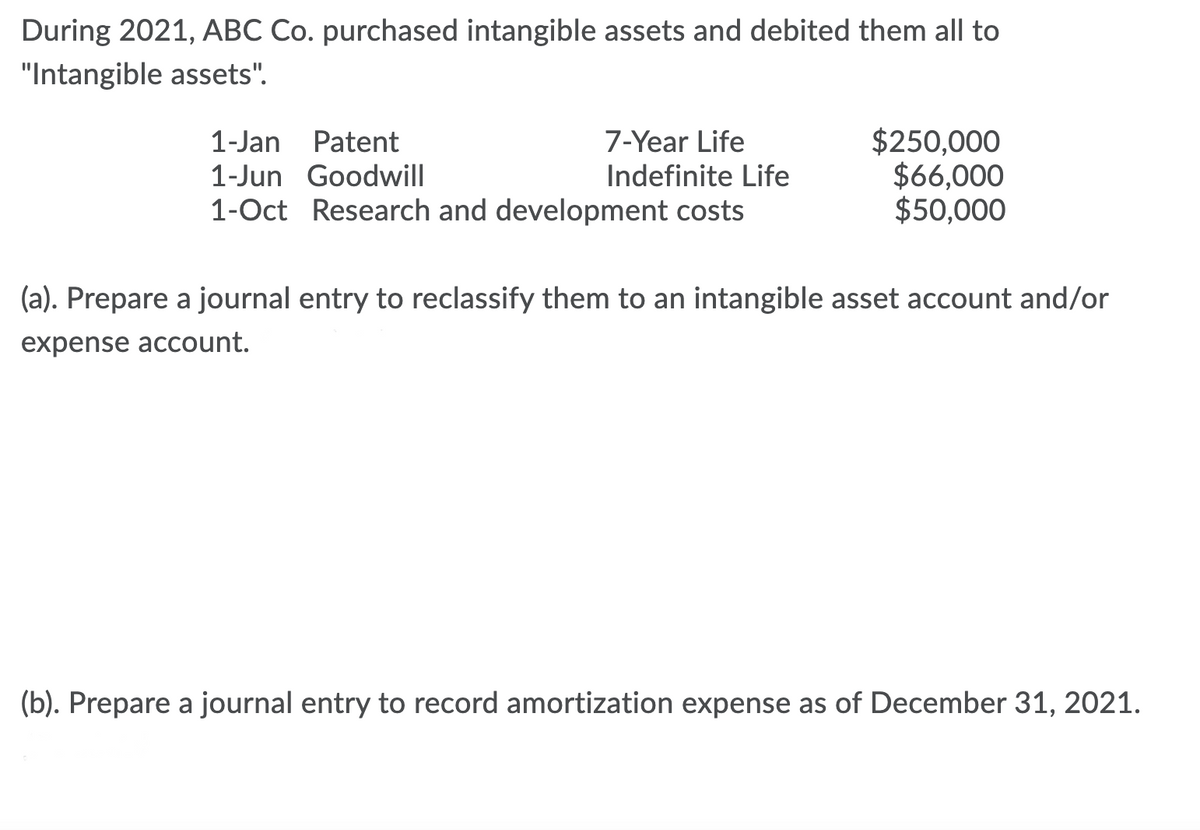 During 2021, ABC Co. purchased intangible assets and debited them all to
"Intangible assets".
$250,000
$66,000
$50,000
1-Jan Patent
7-Year Life
1-Jun Goodwill
Indefinite Life
1-Oct Research and development costs
(a). Prepare a journal entry to reclassify them to an intangible asset account and/or
expense account.
(b). Prepare a journal entry to record amortization expense as of December 31, 2021.
