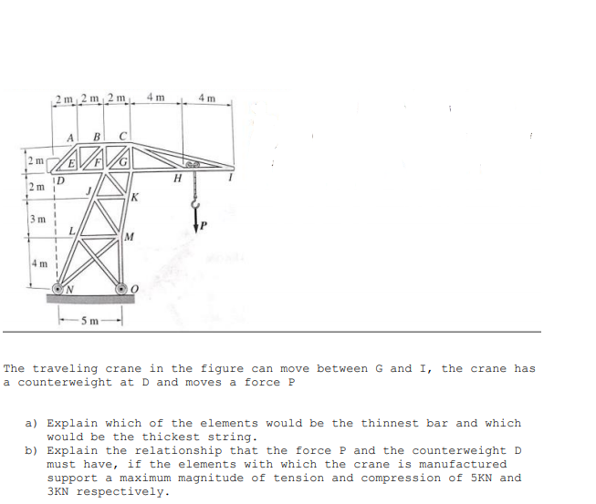 2 m 2 m 2 m
4 m
4 m.
A
B C
2 m
ID
2 mi
K
3 m
L.
4 mi
5 m
The traveling crane in the figure can move between G and I, the crane has
a counterweight at D and moves a force P
a) Explain which of the elements would be the thinnest bar and which
would be the thickest string.
b) Explain the relationship that the force P and the counterweight D
must have, if the elements with which the crane is manufactured
support a maximum magnitude of tension and compression of 5KN and
3KN respectively.
