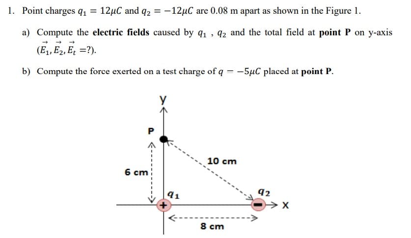 1. Point charges q1 = 12µC and q2 = -12µC are 0.08 m apart as shown in the Figure 1.
%3D
a) Compute the electric fields caused by q1 , q2 and the total field at point P on y-axis
(E1, E2, Et =?).
b) Compute the force exerted on a test charge of q = -5µC placed at point P.
y
10 cm
6 cm
92
91
8 cm
