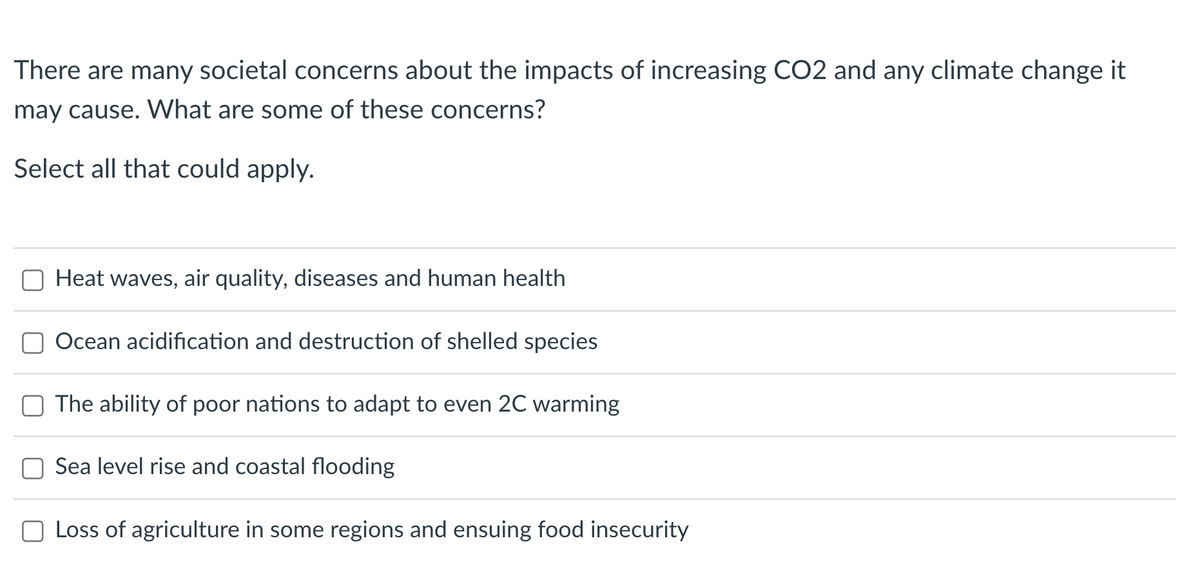 There are many societal concerns about the impacts of increasing CO2 and any climate change it
may cause. What are some of these concerns?
Select all that could apply.
Heat waves, air quality, diseases and human health
Ocean acidification and destruction of shelled species
The ability of poor nations to adapt to even 2C warming
Sea level rise and coastal flooding
Loss of agriculture in some regions and ensuing food insecurity