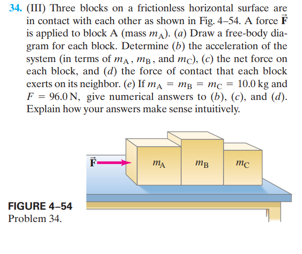 34. (III) Three blocks on a frictionless horizontal surface are
in contact with each other as shown in Fig. 4–54. A force F
is applied to block A (mass ma). (a) Draw a free-body dia-
gram for each block. Determine (b) the acceleration of the
system (in terms of ma, mB, and mc), (c) the net force on
each block, and (d) the force of contact that each block
exerts on its neighbor. (e) If mĄ = mB = mc = 10.0 kg and
F = 96.0 N, give numerical answers to (b), (c), and (d).
Explain how your answers make sense intuitively.
F
MA
mB
mc
FIGURE 4-54
Problem 34.
