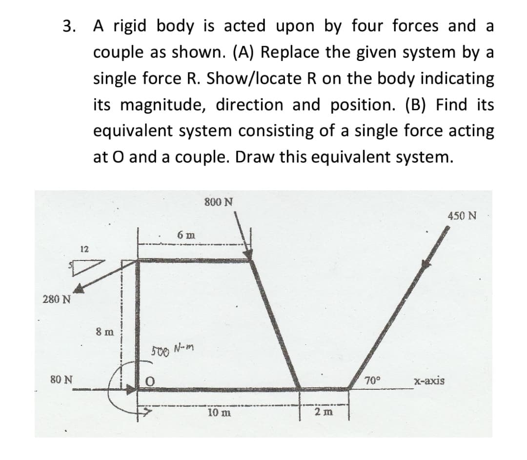 3. A rigid body is acted upon by four forces and a
couple as shown. (A) Replace the given system by a
single force R. Show/locate R on the body indicating
its magnitude, direction and position. (B) Find its
equivalent system consisting of a single force acting
at O and a couple. Draw this equivalent system.
800 N
450 N
6 m
12
280 N
8 m
500 N-m
80 N
70°
х-ахis
10 m
2 m
