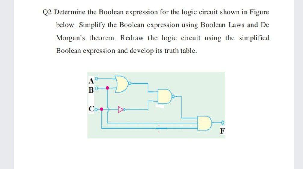 Q2 Determine the Boolean expression for the logic circuit shown in Figure
below. Simplify the Boolean expression using Boolean Laws and De
Morgan's theorem. Redraw the logic circuit using the simplified
Boolean expression and develop its truth table.
A
B
Co
F
