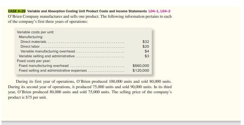CASE 4-29 Variable and Absorption Costing Unit Product Costs and Income Statements LO4-1, LO4-2
O'Brien Company manufactures and sells one product. The following information pertains to each
of the company's first three years of operations:
Variable costs per unit:
Manufacturing:
Direct materials..
$32
$20
$4
$3
Direct labor ..
Variable manufacturing overhead.
Variable selling and administrative
Fixed costs per year:
Fixed manufacturing overhead.
Fixed selling and administrative expenses
$660,000
$120,000
During its first year of operations, O'Brien produced 100,000 units and sold 80,000 units.
During its second year of operations, it produced 75,000 units and sold 90,000 units. In its third
year, O'Brien produced 80,000 units and sold 75,000 units. The selling price of the company's
product is $75 per unit.

