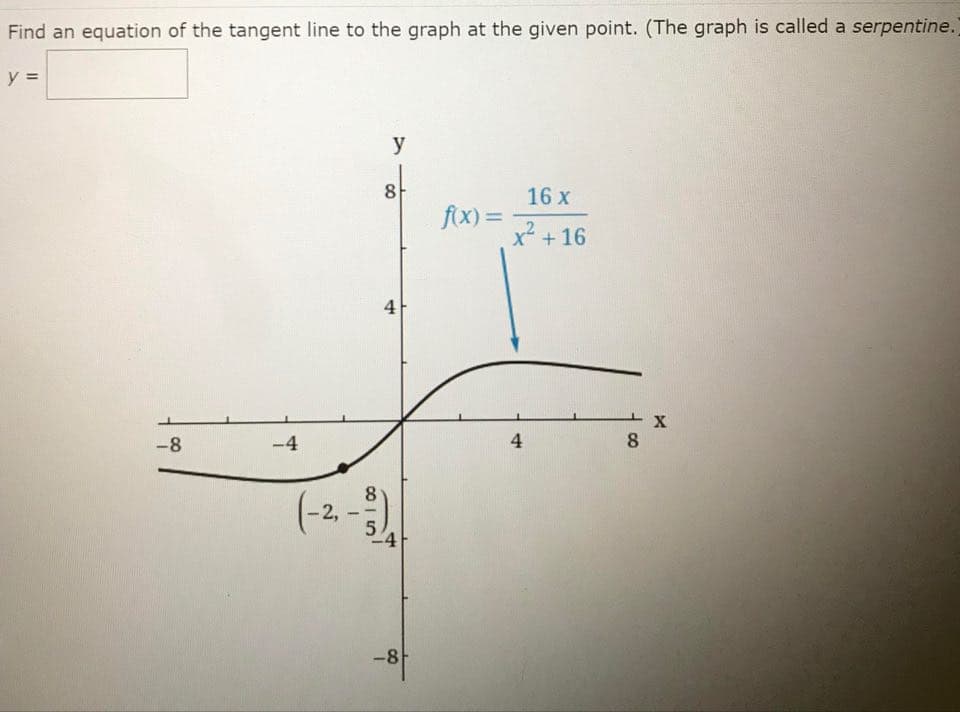 Find an equation of the tangent line to the graph at the given point. (The graph is called a serpentine.
y =
y
8
16 x
fx) =
X + 16
4
X
-8
-4
4
8
8.
24
-8
