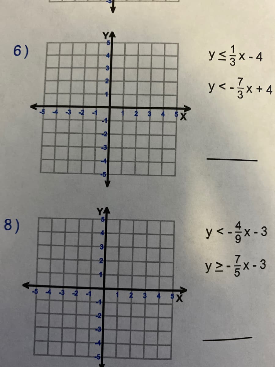 6)
7
X + 4
-2
-1
-2
-3
-4
8)
y2-}x-3
-3
-2
4
-2
-3
-5
