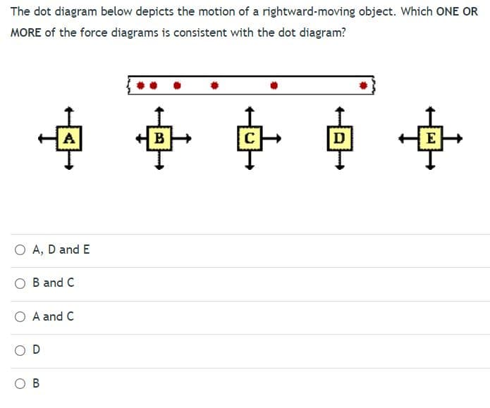 The dot diagram below depicts the motion of a rightward-moving object. Which ONE OR
MORE of the force diagrams is consistent with the dot diagram?
中中中
O A, D and E
B and C
O A and C
В
