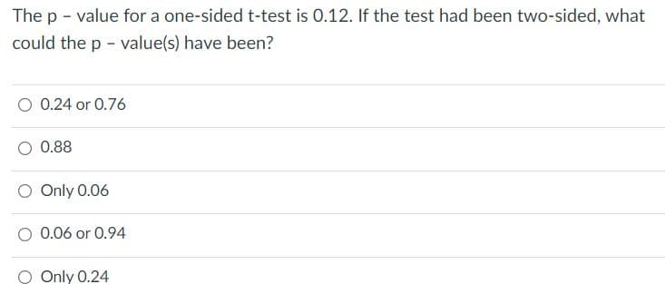 The p - value for a one-sided t-test is 0.12. If the test had been two-sided, what
could the p - value(s) have been?
O 0.24 or 0.76
O 0.88
O Only 0.06
0.06 or 0.94
O Only 0.24
