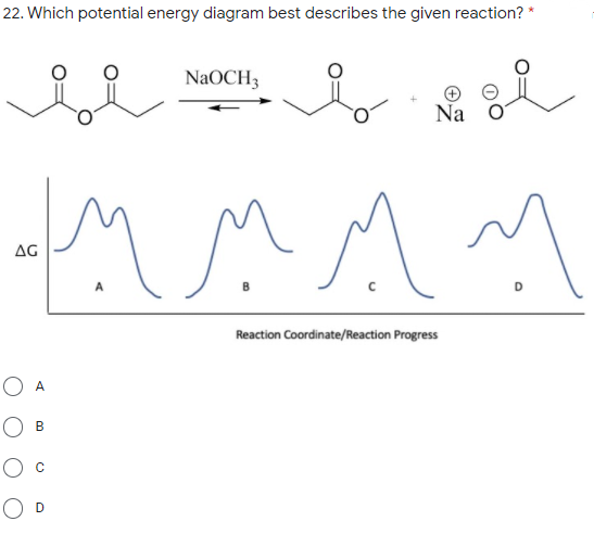 22. Which potential energy diagram best describes the given reaction?
NaOCH3
Na
AG
A
D
Reaction Coordinate/Reaction Progress
O A
B
D
