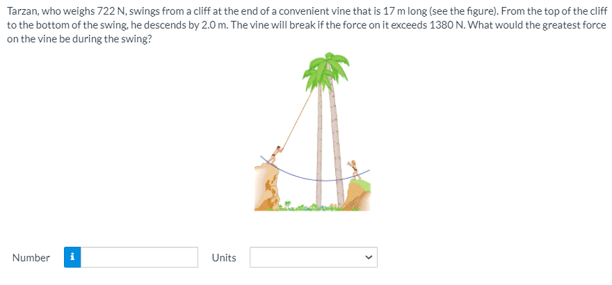 Tarzan, who weighs 722 N, swings from a cliff at the end of a convenient vine that is 17 m long (see the figure). From the top of the cliff
to the bottom of the swing, he descends by 2.0 m. The vine will break if the force on it exceeds 138O N. What would the greatest force
on the vine be during the swing?
Number
Units
