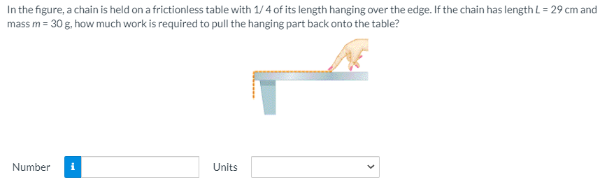 In the figure, a chain is held on a frictionless table with 1/4 of its length hanging over the edge. If the chain has length L= 29 cm and
mass m = 30 g, how much work is required to pull the hanging part back onto the table?
Number
i
Units

