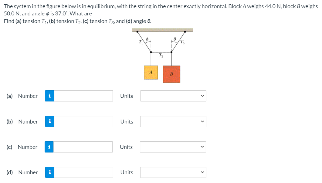 The system in the figure below is in equilibrium, with the string in the center exactly horizontal. Block A weighs 44.0 N, block B weighs
50.0 N, and angle o is 37.0°. What are
Find (a) tension T1, (b) tension T2, (c) tension T3, and (d) angle 0.
A
B
(a) Number
i
Units
(b) Number
i
Units
(c) Number
Units
(d) Number
i
Units
