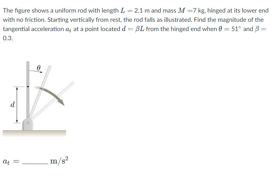 The figure shows a uniform rod with length L = 2.1 m and mass M =7 kg, hinged at its lower end
with no friction. Starting vertically from rest, the rod falls as illustrated. Find the magnitude of the
tangential acceleration at at a point located d = BL from the hinged end when 0 = 51° and 3 =
0.3.
d
at
=
Ꮎ
m/s²