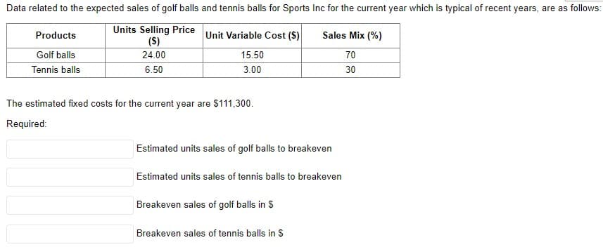 Data related to the expected sales of golf balls and tennis balls for Sports Inc for the current year which is typical of recent years, are as follows:
Units Selling Price
(S)
Unit Variable Cost ($)
Products
Sales Mix (%)
Golf balls
24.00
15.50
70
Tennis balls
6.50
3.00
30
The estimated fixed costs for the current year are $111,300.
Required:
Estimated units sales of golf balls to breakeven
Estimated units sales of tennis balls to breakeven
Breakeven sales of golf balls in S
Breakeven sales of tennis balls in S
