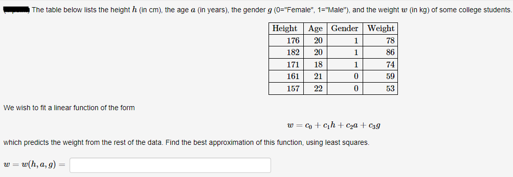The table below lists the height h (in cm), the age a (in years), the gender g (0="Female", 1="Male"), and the weight w (in kg) of some college students.
Height Age Gender Weight
176
20
1
78
182
20
1
86
171
18
1
74
161
21
59
157
22
53
We wish to fit a linear function of the form
w = Co + Ch + C2a + C39
which predicts the weight from the rest of the data. Find the best approximation of this function, using least squares.
w = w(h, a, g) =
