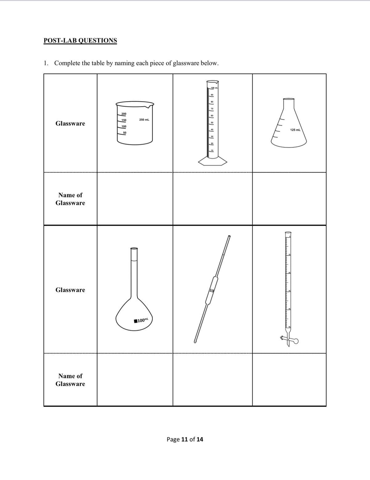 POST-LAB QUESTIONS
1. Complete the table by naming each piece of glassware below.
200
150
250 mL
Glassware
100
125 mL
50
Name of
Glassware
Glassware
100mL
Name of
Glassware
Page 11 of 14
TTTT
