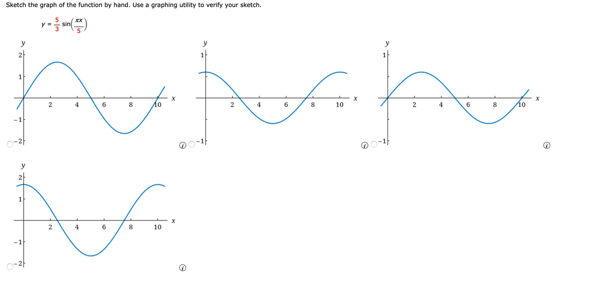 Sketch the graph of the function by hand. Use a graphing utility to verify your sketch.
TX
y =
sin
y
y
y
2-
1-
1
X
4
6.
8.
10
2
4
6.
8.
10
4
6.
8.
10
-1
0-2f
-1F
-1F
y
2
1F
2
4
8
10
-1
o-2F
