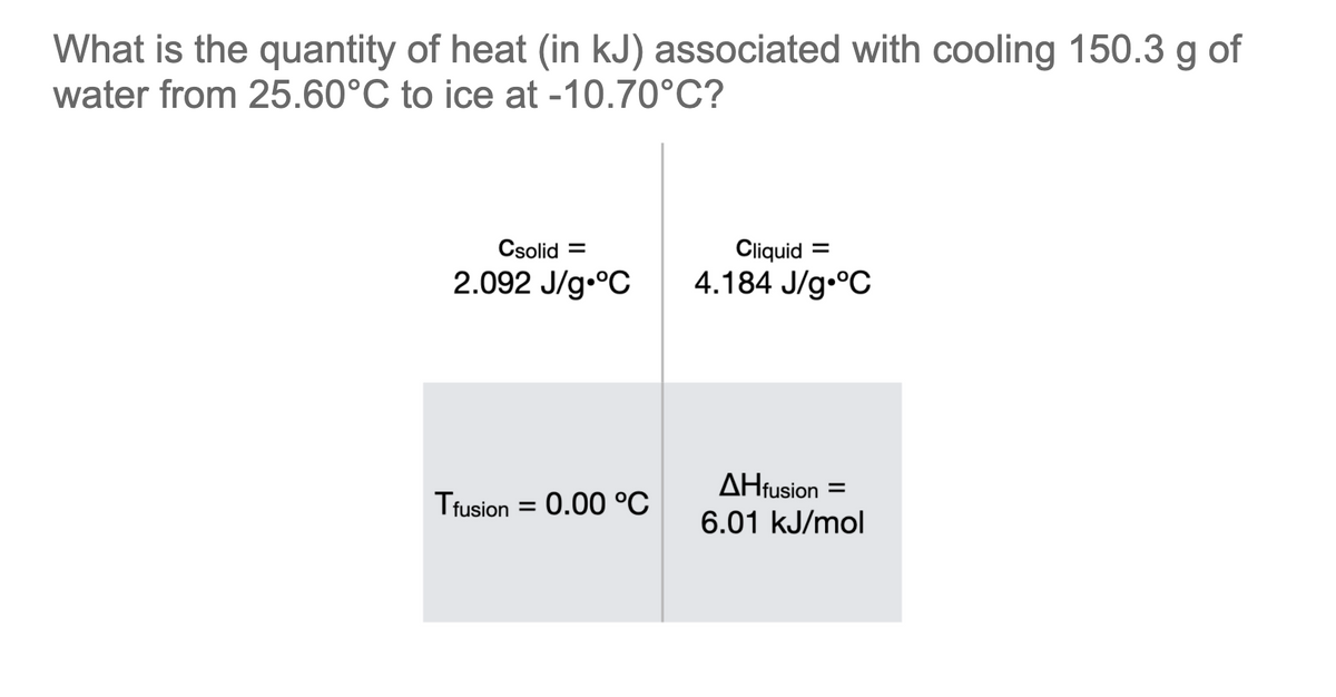 What is the quantity of heat (in kJ) associated with cooling 150.3 g of
water from 25.60°C to ice at -10.70°C?
Csolid =
Cliquid =
2.092 J/g.°C
4.184 J/g.°C
AHfusion =
Tfusion
0.00 °C
6.01 kJ/mol

