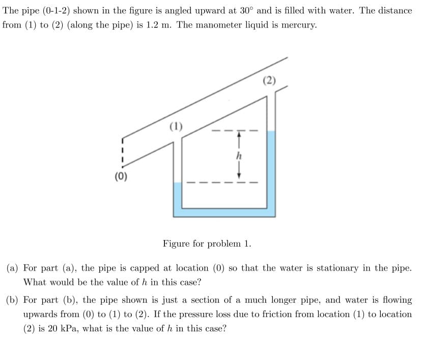 The pipe (0-1-2) shown in the figure is angled upward at 30° and is filled with water. The distance
from (1) to (2) (along the pipe) is 1.2 m. The manometer liquid is mercury.
(0)
(1)
h
Figure for problem 1.
(a) For part (a), the pipe is capped at location (0) so that the water is stationary in the pipe.
What would be the value of h in this case?
(b) For part (b), the pipe shown is just a section of a much longer pipe, and water is flowing
upwards from (0) to (1) to (2). If the pressure loss due to friction from location (1) to location
(2) is 20 kPa, what is the value of h in this case?