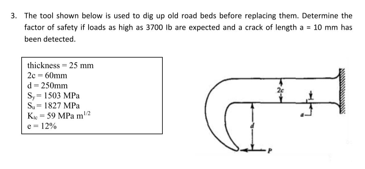3. The tool shown below is used to dig up old road beds before replacing them. Determine the
factor of safety if loads as high as 3700 lb are expected and a crack of length a = 10 mm has
been detected.
thickness
2c = 60mm
d = 250mm
Sy = 1503 MPa
Su 1827 MPa
KIC
25 mm
= 59 MPa m¹/2
e = 12%
424