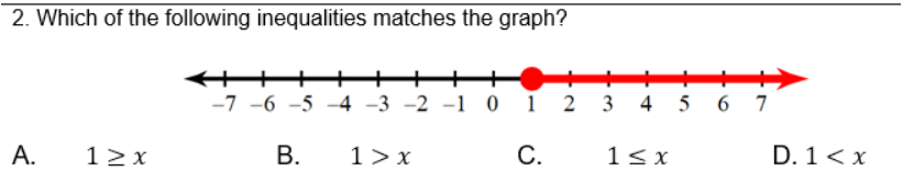 2. Which of the following inequalities matches the graph?
-7 -6 -5 -4 -3 -2 -1 0 1 2 3 4 5 6 7
A.
12x
В.
1> x
С.
1< x
D. 1< x
