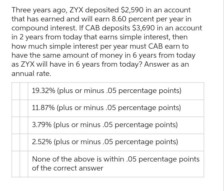 Three years ago, ZYX deposited $2,590 in an account
that has earned and will earn 8.60 percent per year in
compound interest. If CAB deposits $3,690 in an account
in 2 years from today that earns simple interest, then
how much simple interest per year must CAB earn to
have the same amount of money in 6 years from today
as ZYX will have in 6 years from today? Answer as an
annual rate.
19.32% (plus or minus .05 percentage points)
11.87% (plus or minus .05 percentage points)
3.79% (plus or minus .05 percentage points)
2.52% (plus or minus .05 percentage points)
None of the above is within .05 percentage points
of the correct answer