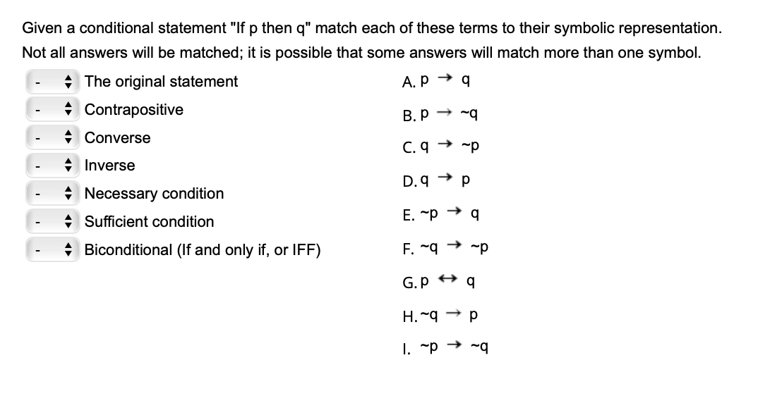 Given a conditional statement "If p then q" match each of these terms to their symbolic representation.
Not all answers will be matched; it is possible that some answers will match more than one symbol.
+ The original statement
A.P → q
• Contrapositive
B. p → -q
+ Converse
C. q → -p
+ Inverse
D. 9 → p
Necessary condition
+ Sufficient condition
E. ~p → q
Biconditional (If and only if, or IFF)
F. ~q → -p
G.p +
H. ~q → p
I. ~p → ~q
