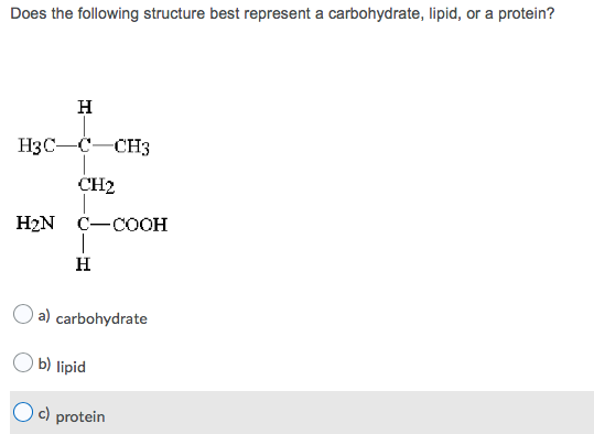 Does the following structure best represent a carbohydrate, lipid, or a protein?
H
H3C-C-CH3
CH2
H2N C-COOH
|
H
a) carbohydrate
b) lipid
c) protein
