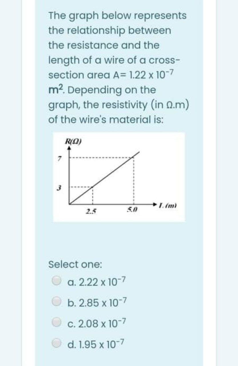 The graph below represents
the relationship between
the resistance and the
length of a wire of a cross-
section area A= 1.22 x 10-7
m2. Depending on the
graph, the resistivity (in 0.m)
of the wire's material is:
RA)
2.5
5.0
Select one:
a. 2.22 x 10-7
b. 2.85 x 10-7
c. 2.08 x 10-7
d. 1.95 x 10-7
