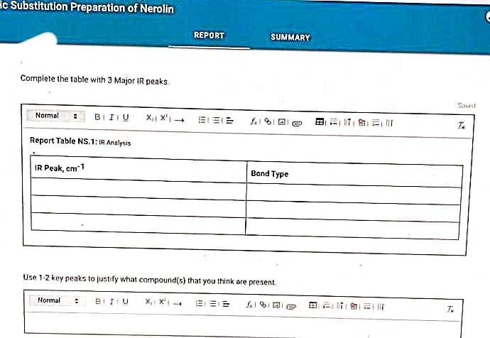 c Substitution Preparation of Nerolin
Complete the table with 3 Major IR peaks.
Normal
BIITU X₁) X² →
Report Table NS.1: IR Analysis
IR Peak, cm
Band Type
Use 1-2 key peaks to justify what compound(s) that you think are present.
Normal : BIU X₁ X²+
1852
REPORT
BIBE
SUMMARY
Ble
E
891
I.
Saved
T
