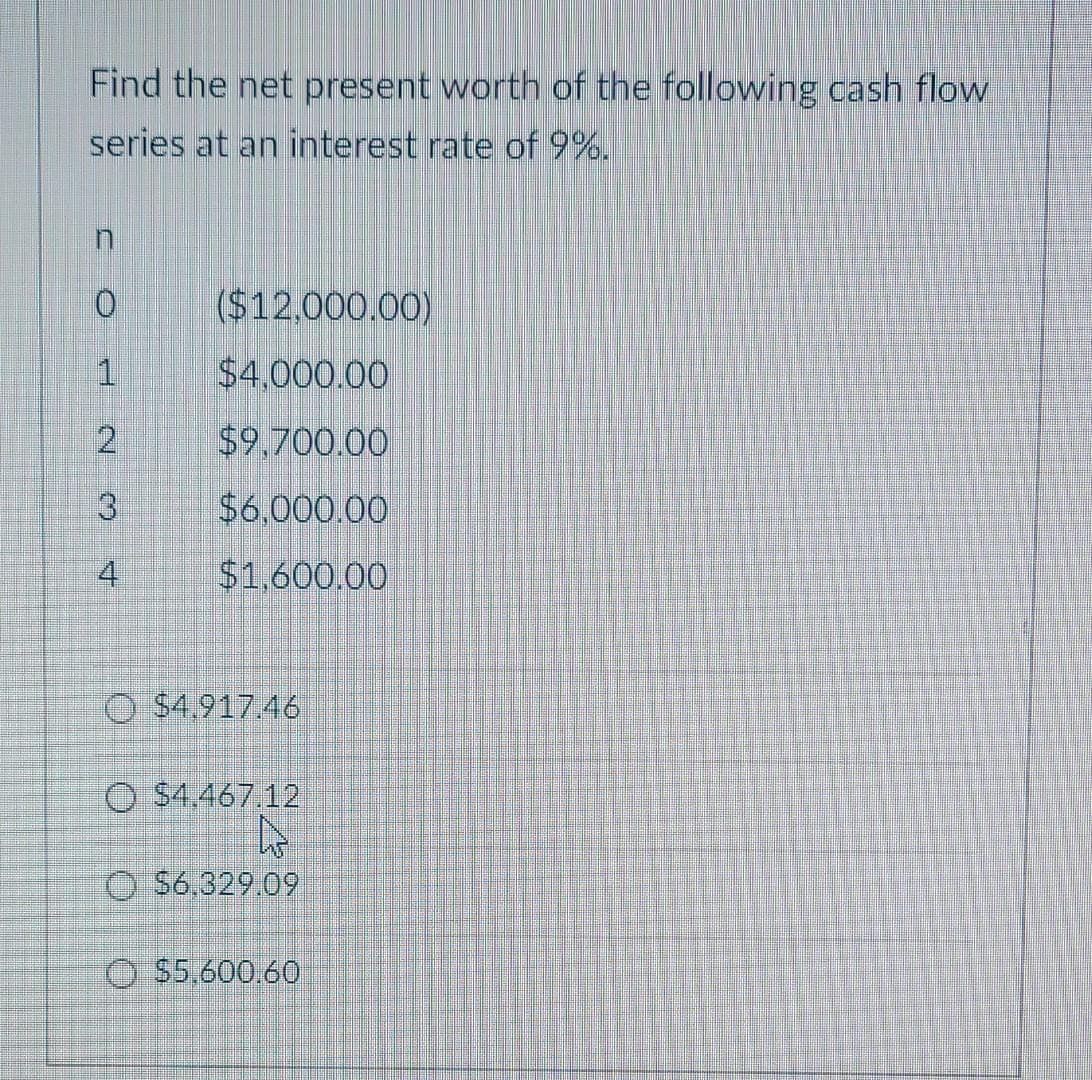 Find the net present worth of the following cash flow
series at an interest rate of 9%.
($12,000.00)
$4,000.00
$9.700.00
$6,000.00
4
$1,600.00
O $4.917.46
O $4.467.12
O $6,329.09
O $5,600.60
2.
