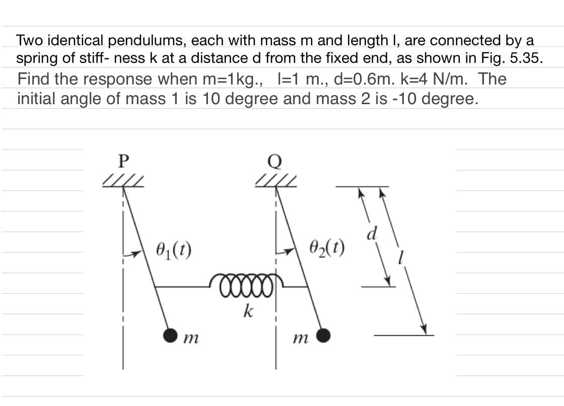 Two identical pendulums, each with mass m and length I, are connected by a
spring of stiff- ness k at a distance d from the fixed end, as shown in Fig. 5.35.
Find the response when m=1kg., l=1 m., d=0.6m. k=4 N/m. The
initial angle of mass 1 is 10 degree and mass 2 is -10 degree.
P
0,(1)
02(1)
k
m
m
