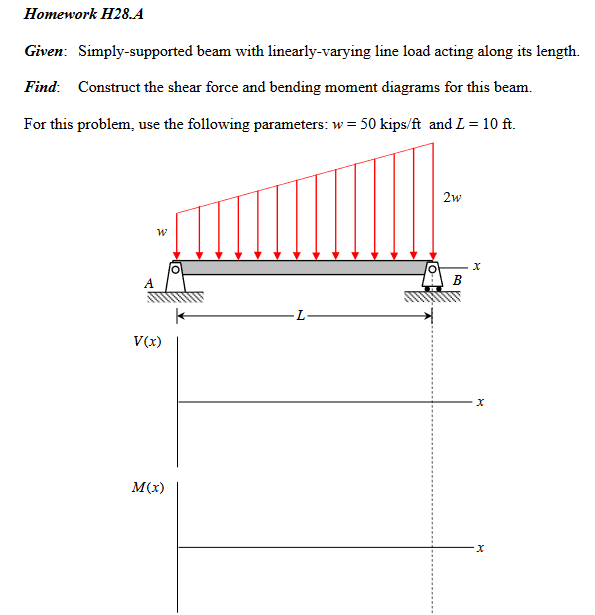 Homework H28.A
Given: Simply-supported beam with linearly-varying line load acting along its length.
Find: Construct the shear force and bending moment diagrams for this beam.
For this problem, use the following parameters: w = 50 kips/ft and L = 10 ft.
W
V(x)
M(x)
L
2w
B
x
x
-X