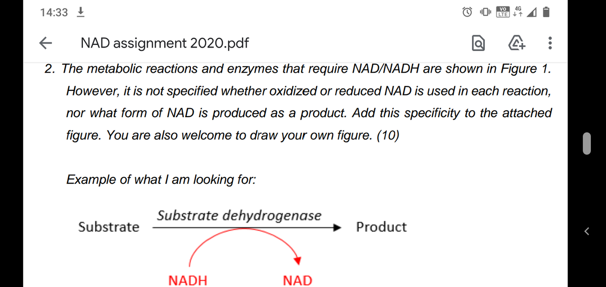 4G
14:33 I
LTE I1
NAD assignment 2020.pdf
2. The metabolic reactions and enzymes that require NAD/NADH are shown in Figure 1.
However, it is not specified whether oxidized or reduced NAD is used in each reaction,
nor what form of NAD is produced as a product. Add this specificity to the attached
figure. You are also welcome to draw your own figure. (10)
Example of what I am looking for:
Substrate dehydrogenase
Substrate
Product
NADH
NAD
