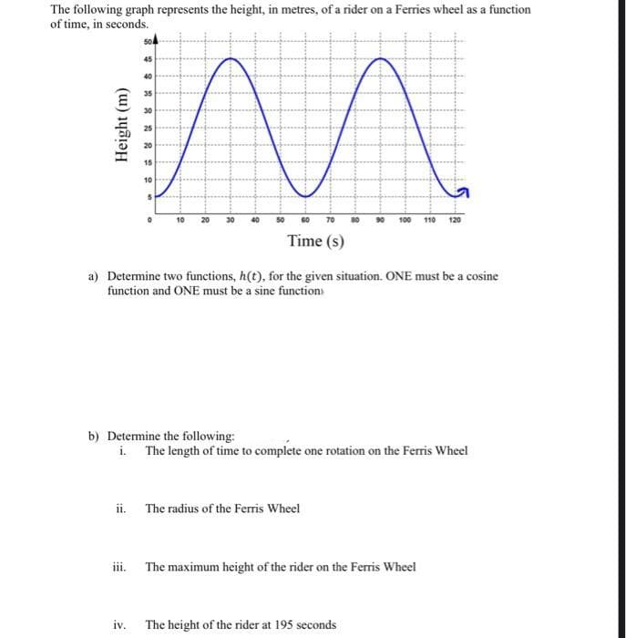 The following graph represents the height, in metres, of a rider on a Ferries wheel as a function
of time, in seconds.
30
10
10
30
50
60
70
80
100
110
120
Time (s)
a) Determine two functions, h(t), for the given situation. ONE must be a cosine
function and ONE must be a sine function
b) Determine the following:
i. The length of time to complete one rotation on the Ferris Wheel
ii. The radius of the Ferris Wheel
III.
The maximum height of the rider on the Ferris Wheel
iv. The height of the rider at 195 seconds
