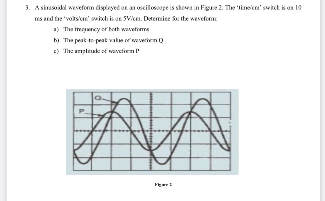 3. A sinusoidal waveform displayed on an oscilloscope is shown in Figure 2. The 'time/cm' switch is on 10
ms and the 'volts/cm' switch is on 5V/cm. Determine for the waveform:
a) The frequency of both waveforms
b) The peak-to-peak value of waveform Q
c) The amplitude of waveform P
Figure 2

