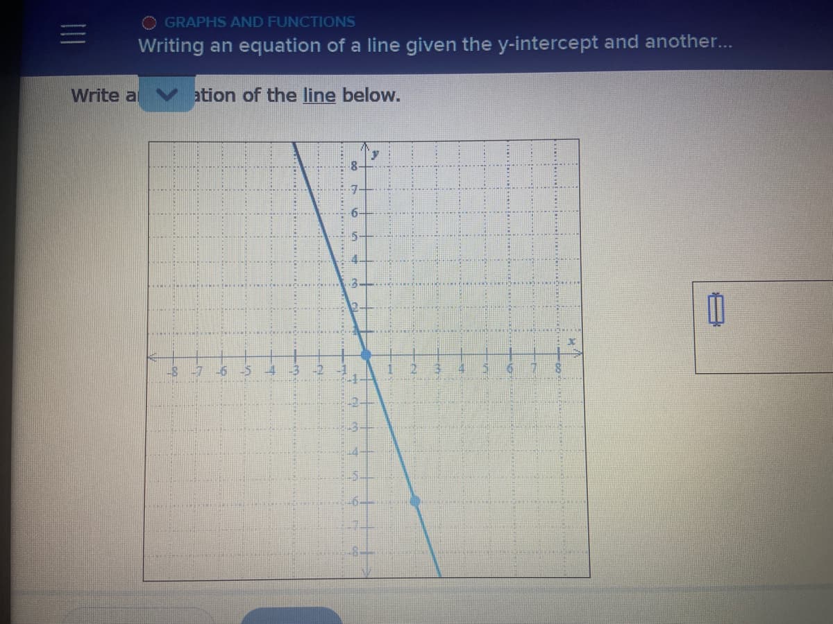GRAPHS AND FUNCTIONS
Writing an equation of a line given the y-intercept and another...
Write a
ation of the line below.
8.
-6

