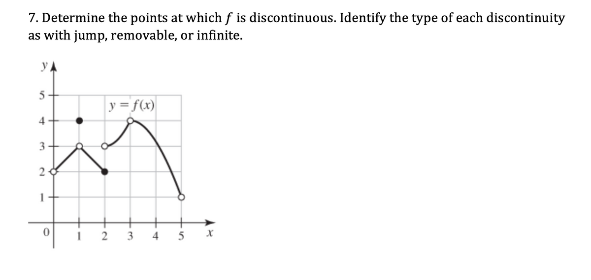 7. Determine the points at which f is discontinuous. Identify the type of each discontinuity
as with jump, removable, or infinite.
yA
y = f(x)
2 0
1
2
4 5 X
-3-
4.
3.
