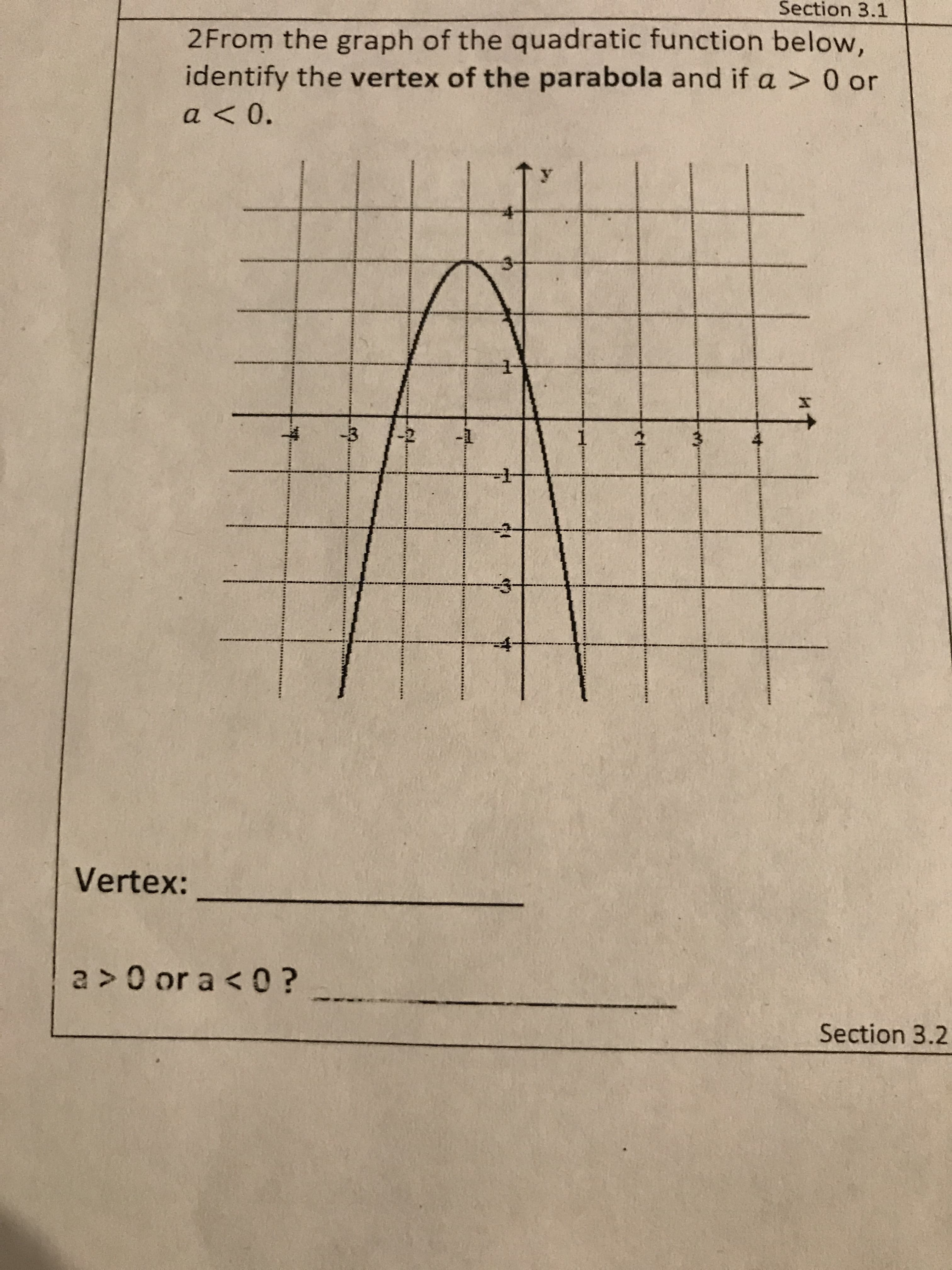 Section 3.1
2From the graph of the quadratic function below,
identify the vertex of the parabola and if a > 0 or
a <0.
1
Vertex:
a > 0 or a < 0?
Section 3.2
