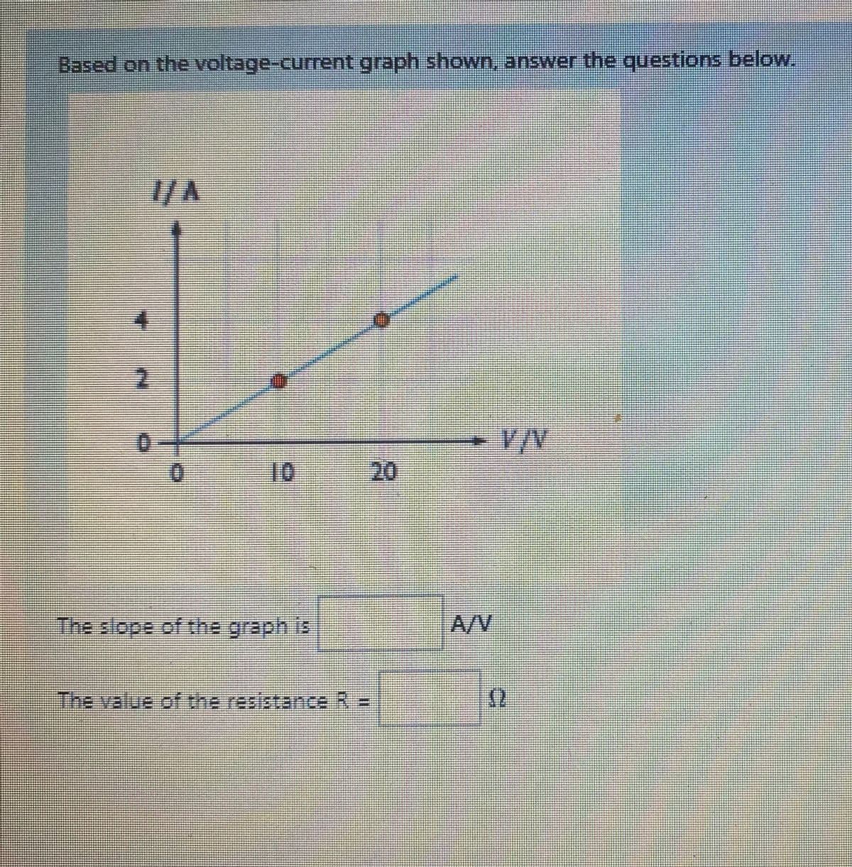 Based on the voltage-current graph shown, answer the questions below.
/V
10
The slope of thhe graph is
A/V
The value of the resistance R =
20
