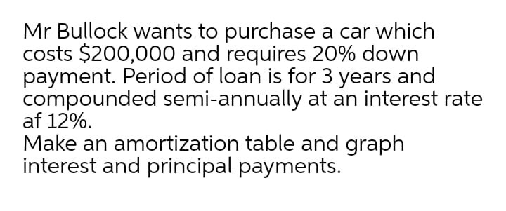Mr Bullock wants to purchase a car which
costs $200,000 and requires 20% down
payment. Period of loan is for 3 years and
compounded semi-annually at an interest rate
af 12%.
Make an amortization table and graph
interest and principal payments.

